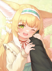 1girl 1other ambiguous_gender animal_ears arknights blonde_hair blush cardigan commentary doctor_(arknights) fox_ears fox_girl fox_tail frilled_hairband frills green_eyes green_hairband hairband highres kitsune kyuubi long_sleeves looking_at_viewer multiple_tails neck_ribbon official_alternate_costume one_eye_closed open_mouth pov pov_hands puffy_long_sleeves puffy_sleeves red_ribbon revision ribbon suzuran_(arknights) suzuran_(spring_praise)_(arknights) tail teeth upper_teeth_only vellistix yellow_cardigan