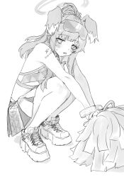 Rule 34 | 1girl, animal ears, bare shoulders, blue archive, blush, cheerleader, dog ears, dog girl, goggles, goshiki suzu, greyscale, halo, hibiki (blue archive), hibiki (cheer squad) (blue archive), holding, holding pom poms, long hair, looking at viewer, midriff, millennium cheerleader outfit (blue archive), monochrome, no tail, official alternate costume, pom pom (cheerleading), pom poms, shoes, simple background, skirt, sneakers, solo, squatting, sticker on arm, sweatdrop