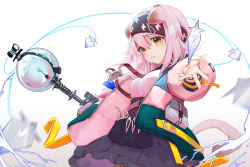 Rule 34 | 1girl, absurdres, animal ears, arknights, black hairband, black skirt, blouse, blue bow, bow, bracelet, braid, breasts, cat ears, cat girl, cat tail, closed mouth, coat, cowboy shot, electricity, floating, floating object, goldenglow (arknights), hair bow, hairband, high-waist skirt, highres, holding, holding staff, id card, jewelry, lightning bolt print, long hair, long sleeves, looking at viewer, medium breasts, open clothes, open coat, outstretched arm, pink coat, pink hair, puffy long sleeves, puffy sleeves, scissors, shirt, signature, simple background, single braid, sionkilili, skirt, smile, solo, staff, tail, white background, white shirt, yellow eyes