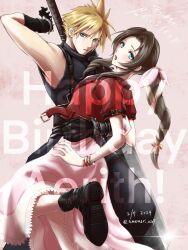 Rule 34 | 1boy, 1girl, aerith gainsborough, amemori 0207, arm around waist, arm behind head, bangle, black gloves, blonde hair, blue eyes, boots, bracelet, braid, braided ponytail, brown hair, buster sword, cloud strife, cowboy shot, cropped jacket, dated, dress, final fantasy, final fantasy vii, final fantasy vii rebirth, final fantasy vii remake, gloves, green eyes, hair ribbon, happy birthday, highres, jacket, jewelry, long dress, long hair, looking at viewer, parted bangs, parted lips, pink background, pink dress, pink ribbon, red jacket, ribbon, short hair, short sleeves, sidelocks, single braid, sleeveless, sleeveless turtleneck, spiked hair, suspenders, turtleneck, twitter username, wavy hair, weapon, weapon on back