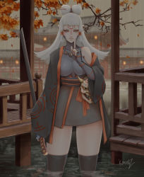 Rule 34 | 1girl, architecture, breasts, coat, east asian architecture, facial mark, finger to mouth, fingerless gloves, gloves, grey eyes, hair ornament, hair stick, highres, katana, kumanz, large breasts, looking at viewer, mask, miniskirt, nintendo, oni mask, open mouth, paya (zelda), pointy ears, pond, rain, rope belt, sheikah, skirt, solo, sword, the legend of zelda, the legend of zelda: breath of the wild, thighhighs, wading, weapon, white hair