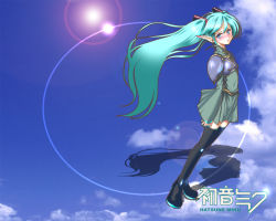 Rule 34 | blush, cosplay, deedlit, deedlit (cosplay), green eyes, green hair, hatsune miku, lens flare, pointy ears, record of lodoss war, thighhighs, vocaloid