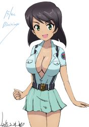 Rule 34 | 10s, 1girl, aoshidan school uniform, black hair, blush, breasts, bukkuri, character request, cleavage, girls und panzer, green eyes, large breasts, looking at viewer, no bra, open clothes, open shirt, school uniform, shirt, simple background, smile, solo, tristana (girls und panzer), uniform, white background