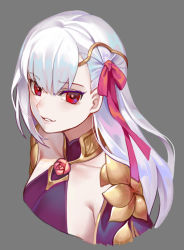 Rule 34 | 1girl, collarbone, cropped torso, fate/grand order, fate (series), grey background, hair between eyes, hair ribbon, kama (fate), kama (second ascension) (fate), long hair, looking at viewer, parted lips, red eyes, red ribbon, ribbon, sidelocks, silver hair, simple background, sin (btc86amme), solo, upper body