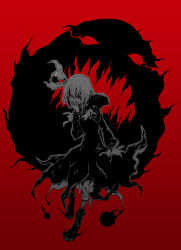 Rule 34 | 1girl, alternate costume, blonde hair, boots, crazy, creature, darkness, dress, embodiment of scarlet devil, female focus, full body, hand on another&#039;s face, hand on own face, highres, long sleeves, outstretched hand, pict-pict, red background, red theme, rumia, simple background, solo, spot color, touhou