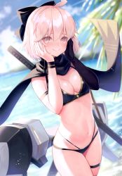 Rule 34 | 1girl, absurdres, bikini, black bikini, blush, breasts, cleavage, closed mouth, day, fate/grand order, fate (series), highres, looking at viewer, medium breasts, navel, okita j. souji (fate), okita j. souji (first ascension) (fate), okita souji (fate), outdoors, scan, scarf, simple background, smile, solo, stomach, suzuho hotaru, swimsuit, sword, thigh strap, thighs, weapon, weapon on back