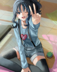 Rule 34 | 1girl, ;d, arm up, black thighhighs, blue eyes, blue hair, blue shirt, grey shorts, heartcatch precure!, highres, indian style, indoors, kurumi erika, long hair, long sleeves, looking at viewer, nani (s2 nani), one eye closed, open mouth, outstretched arm, ponytail, precure, shirt, short shorts, shorts, sidelocks, sitting, smile, solo, suspender shorts, suspenders, thighhighs, v, zettai ryouiki