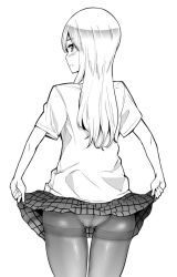 Rule 34 | 1girl, ass, blush, clothes lift, cowboy shot, from behind, gensokigou, greyscale, lifted by self, long hair, looking back, monochrome, original, panties, panties under pantyhose, pantyhose, parted lips, plaid, plaid skirt, profile, school uniform, shirt, short sleeves, simple background, skirt, skirt lift, solo, thigh gap, thighband pantyhose, underwear, white background