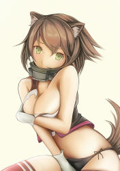 Rule 34 | 10s, 1girl, animal ears, black panties, blush, breast hold, breasts, brown hair, cleavage, gloves, green eyes, hair between eyes, kantai collection, looking at viewer, medium breasts, mutsu (kancolle), nannacy7, panties, personification, red thighhighs, short hair, solo, tail, thighhighs, torn clothes, underwear, yellow background