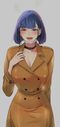 Rule 34 | 1girl, blue hair, blush, brown jacket, collar, glory hole (manhwa), highres, jacket, ki bora, long hair, looking at viewer, mask, open mouth, purple eyes, simple background, solo, white background