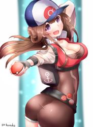 Rule 34 | 10s, 1girl, alternate costume, anchor symbol, arm behind head, arm up, artist name, ass, bad id, bad twitter id, belt, black gloves, blush, boruhis, breasts, brown hair, cleavage, creatures (company), electrode (pokemon), eyebrows, female protagonist (pokemon go), fingerless gloves, floating hair, from side, game freak, gen 1 pokemon, gloves, hair bun, hat, highres, holding, holding poke ball, kantai collection, kongou (kancolle), large breasts, long hair, looking at viewer, nintendo, open mouth, poke ball, pokemon, pokemon (creature), pokemon go, purple eyes, shorts, sidelocks, single hair bun, solo, stomach, twisted torso, voltorb, white background