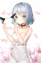 Rule 34 | 1girl, :t, animal ears, bare arms, bare shoulders, bell, blue eyes, blush, breasts, cat ears, choker, cleavage, collarbone, commentary request, dress, fake animal ears, flower, frown, hairband, unworn hairband, halter dress, halterneck, heart, highres, holding, jingle bell, looking at viewer, medium breasts, original, pout, refile, short hair, silver hair, sleeveless, sleeveless dress, solo, tears, upper body, v-shaped eyebrows, white dress