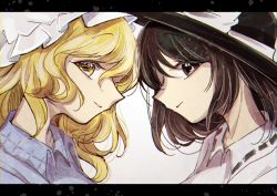 Rule 34 | 2girls, black background, black eyes, black headwear, blonde hair, bow, brown hair, commentary request, crescent, crescent-shaped pupils, face-to-face, gap (touhou), hat, highres, letterboxed, long hair, looking at viewer, maribel hearn, mob cap, multiple girls, purple shirt, shirt, short hair, star-shaped pupils, star (symbol), symbol-shaped pupils, symbol in eye, tama (hiroshige 36), touhou, two-tone background, usami renko, white background, white bow, white headwear, white shirt, yellow eyes