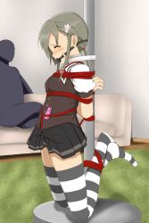 Rule 34 | 1boy, 1girl, arms behind back, ball gag, bdsm, black skirt, blush, bondage, bound, bound ankles, bound arms, breasts, brown hair, brown vest, closed eyes, controller, couch, crotch rope, crying, faceless, faceless male, femuto, from side, full body, gag, gagged, grey thighhighs, hair ornament, hair tie, highres, indoors, kneeling, minowa gin, pleated skirt, pole, ponytail, pussy juice, remote control, remote control vibrator, rope, sailor collar, school uniform, serafuku, sex toy, shibari, shibari over clothes, shirt, short sleeves, skindentation, skirt, small breasts, solo focus, tears, thighhighs, uniform, vest, vibrator, vibrator cord, washio sumi wa yuusha de aru, white shirt, yuusha de aru, zettai ryouiki