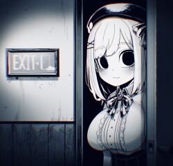 Rule 34 | 1girl, :3, alternate costume, asymmetrical bangs, asymmetrical hair, beret, black eyes, black skirt, blurry, blush, bow, breasts, brooch, buttons, center frills, chromatic aberration, closed mouth, collared shirt, commentary, dark, darkness, door, door handle, dot nose, exit sign, facing away, film grain, frilled shirt, frills, hair bow, hair ornament, hat, hat pin, hatching (texture), hatyuuruinohito, high-waist skirt, highres, horror (theme), jacket, jewelry, large breasts, light, looking at viewer, looking to the side, medium hair, monochrome, nijisanji, opening, opening door, parted bangs, pleated skirt, puffy short sleeves, puffy sleeves, raised eyebrows, shirt, short sleeves, skirt, smile, solid circle pupils, solo, striped bow, striped clothes, striped skirt, suzuhara lulu, suzuhara lulu (1st costume), two-tone bow, unworn cardigan, unworn jacket, unworn sweater, virtual youtuber, wall, white shirt, wide-eyed, wing collar, x hair ornament