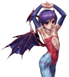 Rule 34 | 1girl, androgynous, animal print, armpits, arms up, bat print, bat wings, covered erect nipples, cowboy shot, detached sleeves, female focus, flat chest, head wings, highres, leotard, lilith aensland, looking at viewer, low wings, muscular, nail polish, own hands together, pantyhose, patterned legwear, print pantyhose, purple hair, red eyes, red leotard, ribs, satou toshiyuki, short hair, simple background, solo, vampire (game), white background, wings