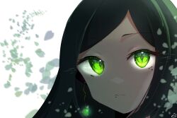 Rule 34 | 1girl, blurry, close-up, closed mouth, commentary request, depth of field, earrings, falling petals, green eyes, green hair, highres, jewelry, long hair, looking at viewer, mole, mole under eye, mole under mouth, nekokuro (geja5355), oshi no ko, partial commentary, petals, portrait, shadow, shiranui frill, sidelocks, signature, simple background, solo, sparkle, white background