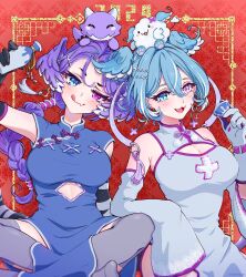Rule 34 | 2girls, :3, black gloves, blue dress, blue eyes, blue hair, breasts, cleavage, cleavage cutout, closed mouth, clothing cutout, detached sleeves, dragoon (selen tatsuki), dress, elira pendora, fang, gloves, grey thighhighs, head wings, heterochromia, highres, large breasts, long sleeves, mugimugigo, multiple girls, nijisanji, nijisanji en, open mouth, pikl (elira pendora), pink eyes, purple hair, selen tatsuki, sitting, smile, thighhighs, tongue, tongue out, upper body, virtual youtuber, wings