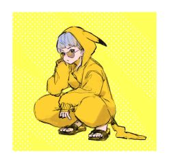 Rule 34 | 1girl, :o, animification, apex legends, barefoot sandals (jewelry), brown eyes, cosplay, creatures (company), game freak, gen 1 pokemon, grey hair, hair behind ear, highres, hood, hood up, looking at viewer, namerakano mato, nintendo, onesie, open mouth, pikachu, pikachu (cosplay), pikachu costume, pokemon, short hair, sleeves past wrists, solo, squatting, sunglasses, valkyrie (apex legends)