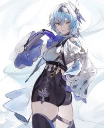 Rule 34 | 1girl, bare shoulders, blue eyes, blue gloves, blue hair, breasts, cowboy shot, eula (genshin impact), genshin impact, gloves, hair ornament, hairband, hand on own hip, highres, kushami deso, looking at viewer, necktie, thigh strap, thighhighs, twisted torso, vambraces, wide sleeves