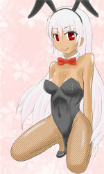 Rule 34 | 1girl, amaran, animal ears, arm support, arms behind back, bare shoulders, bow, bowtie, breasts, rabbit ears, cleavage, covered navel, dark skin, detached collar, fake animal ears, female focus, fishnet pantyhose, fishnets, floral background, kneeling, long hair, looking at viewer, original, pantyhose, pink background, playboy bunny, red eyes, shoes, silver hair, small breasts, smile, very long hair