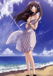 Rule 34 | 1girl, :o, absurdres, beach, blush, brown hair, cloud, contrail, day, highres, long hair, ocean, original, outdoors, own hands together, see-through, sky, solo, standing, striped, sugiyama genshou, vertical stripes