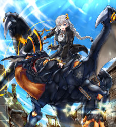 Rule 34 | 1girl, arch, black dress, black jacket, blue eyes, blue sky, blush, braid, commentary, day, dragon, dress, fingerless gloves, full body, gloves, hair ornament, highres, holding, holding weapon, huge weapon, jacket, kizuna akari, light blush, long hair, looking at viewer, neon lights, not makigai, open mouth, orange gloves, outdoors, pillar, riding, ruins, sharp teeth, silver hair, sky, smile, sparkle, sword, teeth, twin braids, v-shaped eyebrows, vocaloid, voiceroid, weapon, wings, wristband