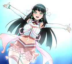 Rule 34 | 10s, 1girl, :d, black hair, blunt bangs, bracelet, detached sleeves, earrings, green eyes, hair ornament, hairclip, jewelry, kurosawa dia, lips, long hair, love live!, love live! school idol festival, love live! school idol project, love live! sunshine!!, midriff, mole, mole under mouth, navel, open mouth, outstretched arms, sketch, skirt, smile, solo, spread arms, tachibana roku, thighhighs, zettai ryouiki