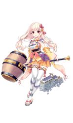 Rule 34 | 1girl, cleavage cutout, clothing cutout, detached sleeves, full body, hair ornament, highres, holding, holding weapon, huge weapon, japanese clothes, long hair, looking at viewer, low-tied long hair, mallet, nitta kinyama castle, official art, pink hair, platform clogs, pleated skirt, red eyes, sandals, shirohime quest, skirt, solo, thighhighs, transparent background, weapon