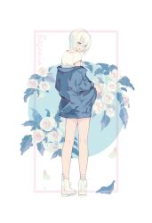 Rule 34 | 1girl, blue eyes, blue jacket, border, commentary request, floral background, flower, from behind, full body, hair between eyes, highres, jacket, looking at viewer, looking back, minamo (usada), shirt, shoes, short hair, solo, standing, undressing, white footwear, white hair, white shirt