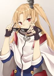 Rule 34 | 1girl, anchor, azur lane, blonde hair, capelet, choker, cleveland (azur lane), deal with it (meme), e draw paint, fingerless gloves, gloves, hair ornament, highres, long hair, looking at viewer, meme, one side up, parted bangs, red eyes, removing eyewear, smile, solo, star (symbol), star choker, sunglasses, sunglasses removed