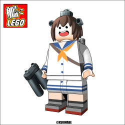 Rule 34 | 10s, binoculars, black border, border, brown hair, buck teeth, commentary request, dress, full body, headgear, holding, k-suwabe, kantai collection, lego, no humans, open mouth, sailor dress, short hair, simple background, solo, teeth, translation request, twitter username, white background, yukikaze (kancolle)