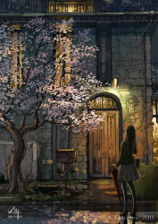 Rule 34 | 1girl, bag, black hair, building, bush, cherry blossoms, city, dated, door, from behind, graphite (medium), grass, green jacket, grey skirt, highres, holding, holding umbrella, house, jacket, k kanehira, long hair, long sleeves, night, original, outdoors, pantyhose, plant, pleated skirt, postbox, puddle, reflection, road, scenery, shoes, shoulder bag, signature, skirt, solo, standing, street, traditional media, tree, umbrella, window
