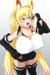Rule 34 | 1girl, 3boys, animal ears, bare shoulders, black gloves, black legwear, black skirt, blonde hair, blue eyes, blush, breasts, cleavage, collarbone, covered erect nipples, detached sleeves, fingerless gloves, giant, giantess, gloves, gradient background, highres, holding person, huge breasts, long hair, looking at another, multiple boys, open mouth, original, person in cleavage, rakia (ds00309), sidelocks, size difference, skirt, twintails, very long hair, vore, white background