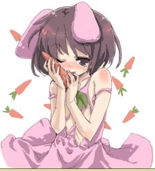 Rule 34 | 1girl, animal ears, rabbit ears, buriki, carrot, dress, female focus, inaba tewi, lowres, plant, solo, touhou, white background