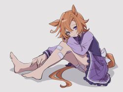 Rule 34 | 1girl, amano (amano miko), animal ears, bandaged leg, bandages, bandaid, bandaid on leg, bare legs, barefoot, blue skirt, closed mouth, grey background, highres, horse ears, horse girl, horse tail, long sleeves, looking at viewer, orange hair, pleated skirt, purple eyes, school uniform, short hair, simple background, sitting, skirt, smile, solo, t.m. opera o (umamusume), tail, thighs, toes, tracen school uniform, umamusume