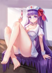 Rule 34 | 1girl, arm at side, bare legs, barefoot, bb (bb shot!) (fate), bb (fate), black-framed eyewear, blush, breasts, choker, cleavage, closed mouth, commentary, day, dress, fang, fate/extra, fate/extra ccc, fate/grand order, fate (series), hair ribbon, hand up, hat, highres, holding, holding syringe, indoors, knees up, kurikara, lalazyt, large breasts, long hair, looking at viewer, medium breasts, nurse, nurse cap, panties, pantyshot, pink ribbon, purple eyes, purple hair, ribbon, short dress, short sleeves, sitting, smile, solo, syringe, thighs, underwear, very long hair, white choker, white dress, white hat, white legwear, wrist cuffs