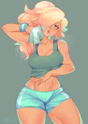 Rule 34 | 1girl, absurdres, arm up, bare shoulders, blonde hair, blue eyes, breasts, cleavage, collarbone, green background, hair over one eye, highres, long hair, mario (series), mitsooru, navel, nintendo, parted lips, ponytail, rosalina, signature, simple background, solo, steam, sweat, tan, towel, wiping, wiping sweat, wristband