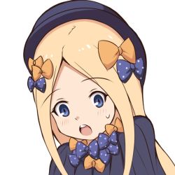 Rule 34 | 1girl, :o, abigail williams (fate), black bow, black dress, black hat, blonde hair, blue eyes, blush, bow, dress, fate/grand order, fate (series), forehead, hair bow, hat, head tilt, long hair, looking at viewer, mitiru ccc2, open mouth, orange bow, parted bangs, polka dot, polka dot bow, simple background, solo, sweat, teeth, upper teeth only, very long hair, white background