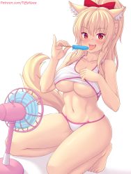Rule 34 | 1girl, animal ears, bare arms, bare legs, bare shoulders, barefoot, blonde hair, bow, breasts, cat ears, cat girl, cat tail, clothes lift, collarbone, commentary, english commentary, food, full body, hair bow, hair ornament, hand fan, highres, kneeling, large breasts, long hair, midriff, navel, nottytiffy, original, panties, patreon username, ponytail, popsicle, red eyes, shirt, shirt lift, simple background, sleeveless, slit pupils, solo, tail, thighs, tiffy (nottytiffy), tongue, tongue out, underboob, underwear, white background, white panties, white shirt