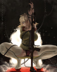 Rule 34 | 1girl, anti-materiel rifle, arms up, bdsm, blonde hair, bondage, bound, breasts, cannon, chain, gun, hellsing, hellsing 30mm anti-tank cannon harkonnen, heterochromia, impossible clothes, large breasts, miniskirt, panties, rifle, seras victoria, short hair, skirt, sniper rifle, solo, spread legs, squatting, taut clothes, teemu taiga, thighhighs, underwear, weapon, white thighhighs