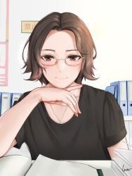 Rule 34 | 1girl, binder, black shirt, blush, book, brown eyes, brown hair, head rest, closed mouth, fingernails, glasses, highres, indoors, jewelry, laserflip, looking at viewer, necklace, open book, original, shirt, short hair, short sleeves, signature, smile, solo, upper body