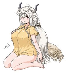 Rule 34 | 1girl, acesrulez, alternate costume, barefoot, blush, bottomless, brown hair, collared shirt, frilled sleeves, frills, hair over one eye, kemono friends, long hair, looking at viewer, ox ears, ox girl, ox horns, ox tail, shirt, short sleeves, sitting, solo, t-shirt, twintails, wariza, white hair, yak (kemono friends), yellow shirt