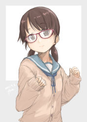 Rule 34 | 1girl, absurdres, beige cardigan, bespectacled, blue neckerchief, blue sailor collar, brown eyes, brown hair, cardigan, collared shirt, fyuo, glasses, grey background, highres, kantai collection, looking at viewer, low twintails, neckerchief, one-hour drawing challenge, parted bangs, red-framed eyewear, sailor collar, school uniform, serafuku, shirayuki (kancolle), shirt, short twintails, solo, square, twintails, two-tone background, upper body