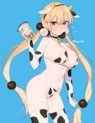 Rule 34 | animal costume, animal ears, animal print, beijuu, bell, bikini, blonde hair, blush, breasts, brown eyes, bubble tea, choker, cow ears, cow horns, cow print, cow print bikini, elbow gloves, gloves, hair bobbles, hair ornament, highleg, highleg bikini, horns, large breasts, looking at viewer, low twintails, neck bell, print bikini, solo, swimsuit, thighhighs, twintails, xiaoyuan (you can eat the girl), you can eat the girl