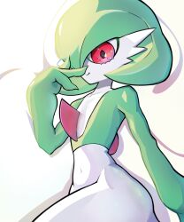 Rule 34 | 1girl, bob cut, closed mouth, collarbone, colored skin, creatures (company), female focus, flat chest, game freak, gardevoir, gen 3 pokemon, green hair, green skin, hair over one eye, hand up, happy, looking at viewer, multicolored skin, navel, nintendo, noconcession, one eye covered, pokemon, pokemon (creature), red eyes, short hair, simple background, smile, solo, stomach, two-tone skin, white background, white skin