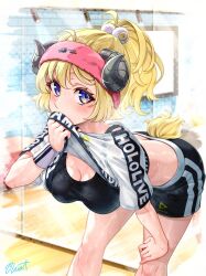 Rule 34 | 1girl, ahoge, alternate hairstyle, animal ears, bent over, black shorts, black sports bra, blonde hair, breasts, buru-dai, character name, cleavage, clothes lift, clothes writing, commentary request, covered mouth, crop top, feet out of frame, hair bobbles, hair ornament, hairband, hand on own thigh, hanging breasts, highres, hololive, hololive dance practice uniform, horns, large breasts, lifted by self, looking at viewer, mirror, official alternate costume, pink hairband, pink sweatband, pom pom (clothes), pom pom hair ornament, ponytail, purple eyes, sheep ears, sheep girl, sheep horns, sheep tail, shirt, shirt lift, shorts, sideways glance, solo, sports bra, studio, sweat, sweatband, t-shirt, tail, tsunomaki watame, very sweaty, virtual youtuber, white shirt, wide ponytail, wiping sweat