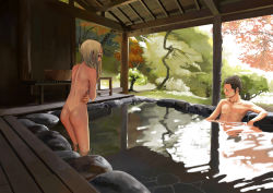 Rule 34 | 1boy, 1girl, ass, bad id, bad pixiv id, bath, bathing, blonde hair, brown hair, couple, covering privates, hetero, hitomi kazuya, mixed-sex bathing, nude, nude cover, onsen, original, outdoors, real world location, shared bathing, tree, water