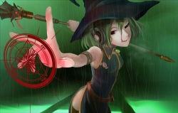 Rule 34 | 1girl, :q, blood, foreshortening, green hair, hat, headphones, magic circle, naitou takuma, red eyes, solo, staff, tongue, tongue out, witch hat