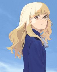 Rule 34 | 1girl, blonde hair, breasts, brown eyes, glasses, highres, long hair, military, military uniform, neckerchief, perrine h. clostermann, shiratama (hockey), sky, small breasts, smile, solo, strike witches, thick eyebrows, uniform, world witches series
